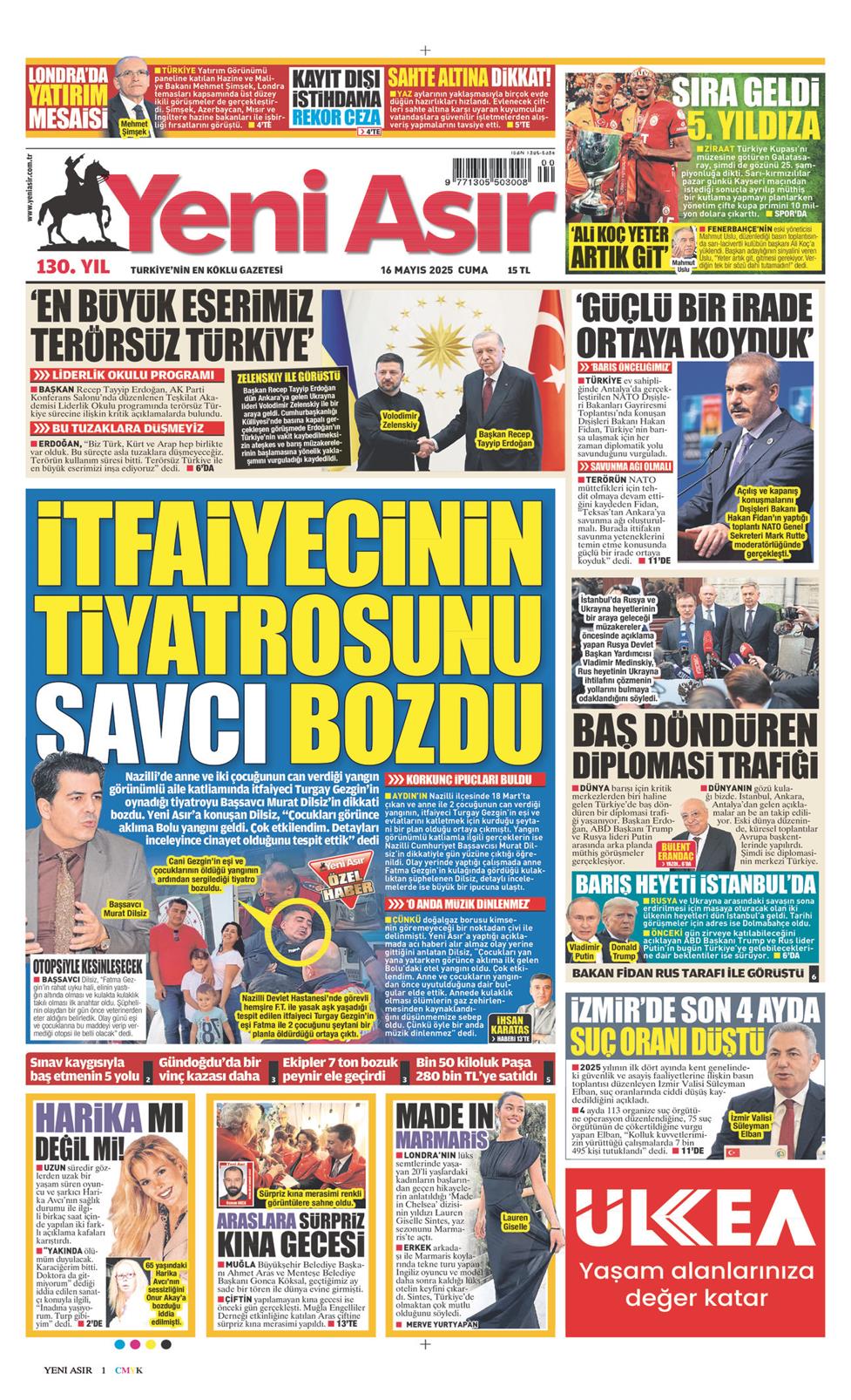 16 Mayıs 2025 Cuma - Yeni Asır gazetesi manşet
