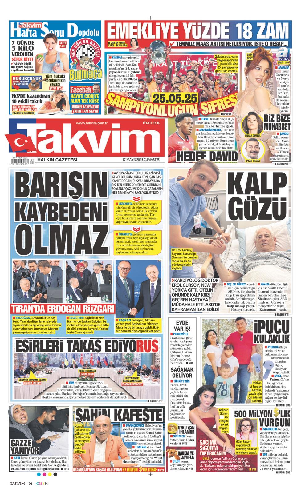 17 Mayıs 2025 Cumartesi - Takvim gazetesi manşet