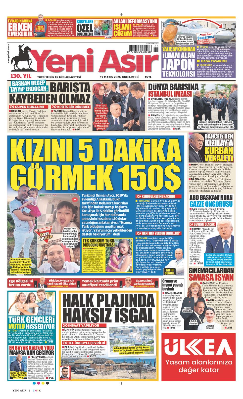17 Mayıs 2025 Cumartesi - Yeni Asır gazetesi manşet