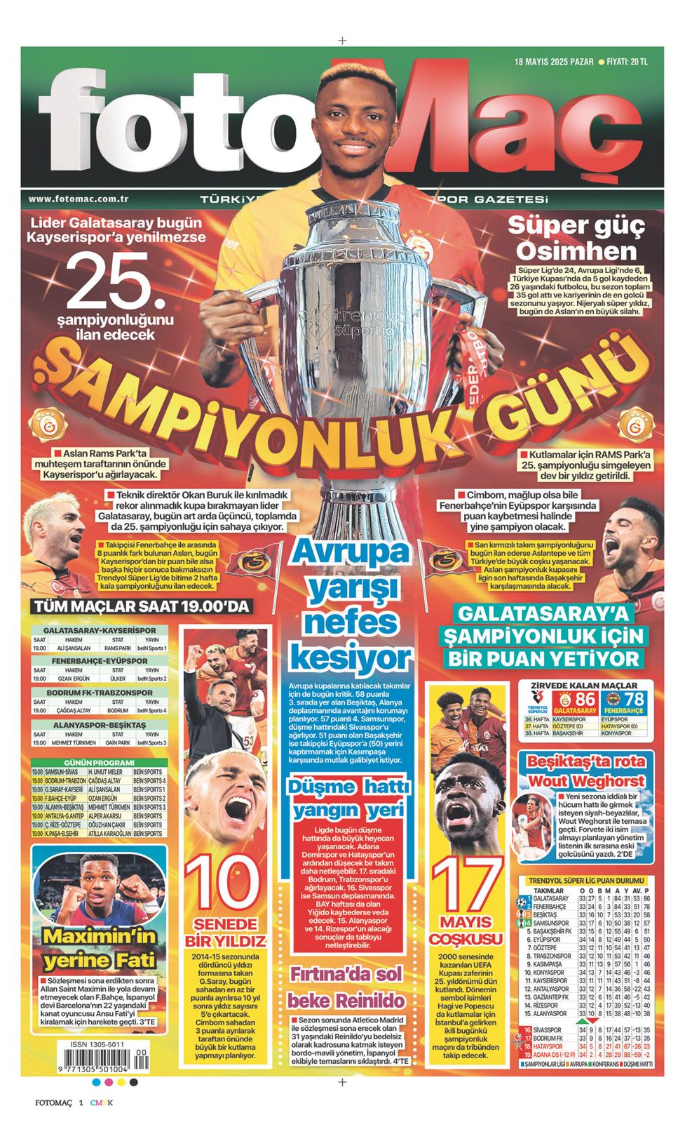 18 Mayıs 2025 Pazar - Fotomaç gazetesi manşet