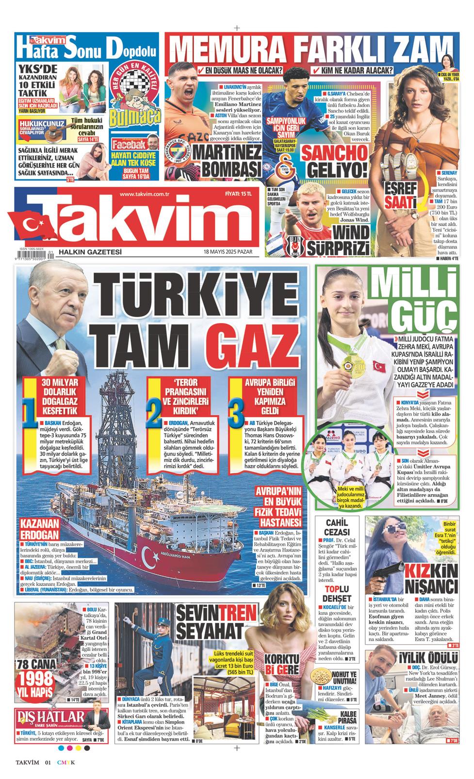 18 Mayıs 2025 Pazar - Takvim gazetesi manşet