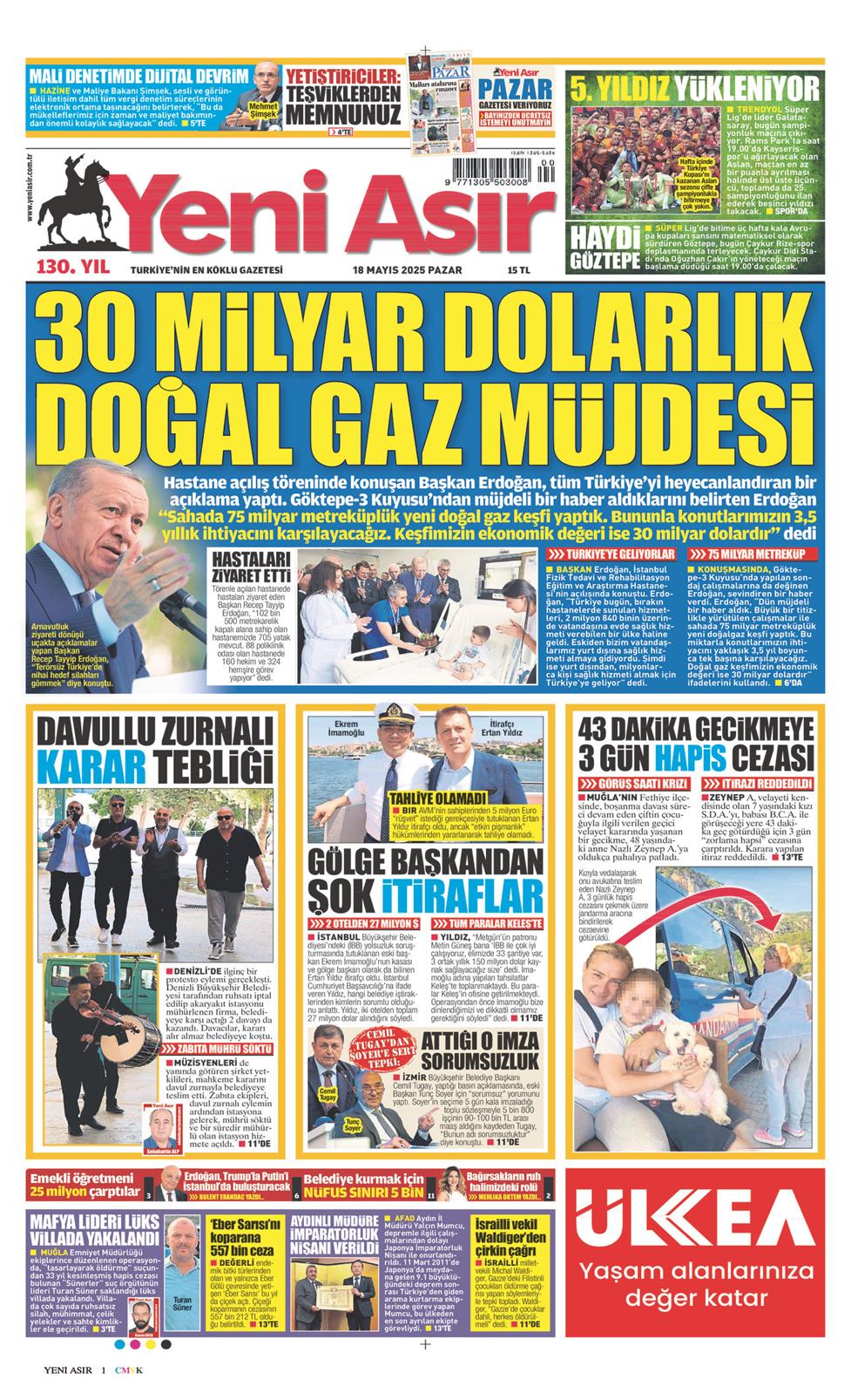 18 Mayıs 2025 Pazar - Yeni Asır gazetesi manşet