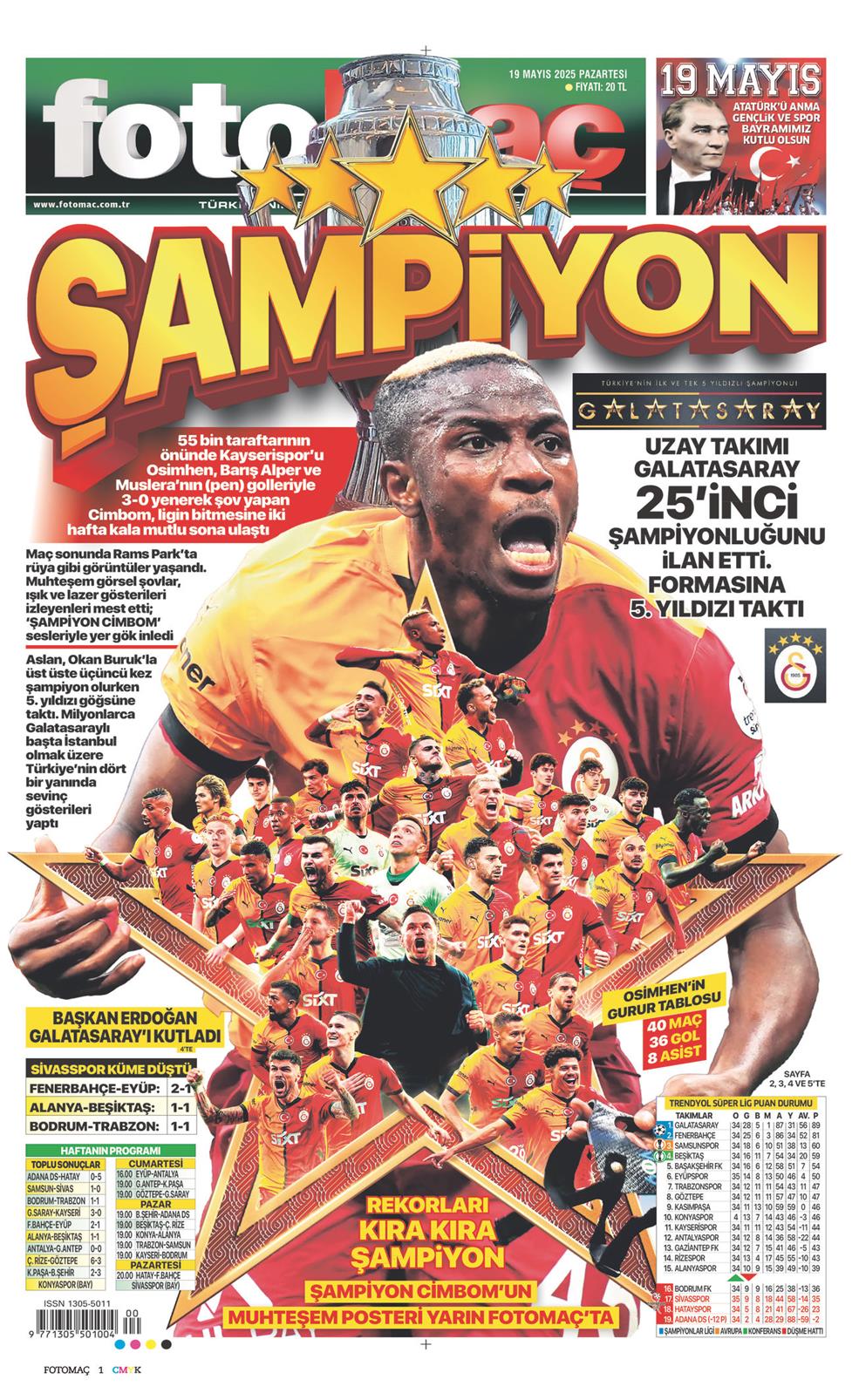 19 Mayıs 2025 Pazartesi - Fotomaç gazetesi manşet