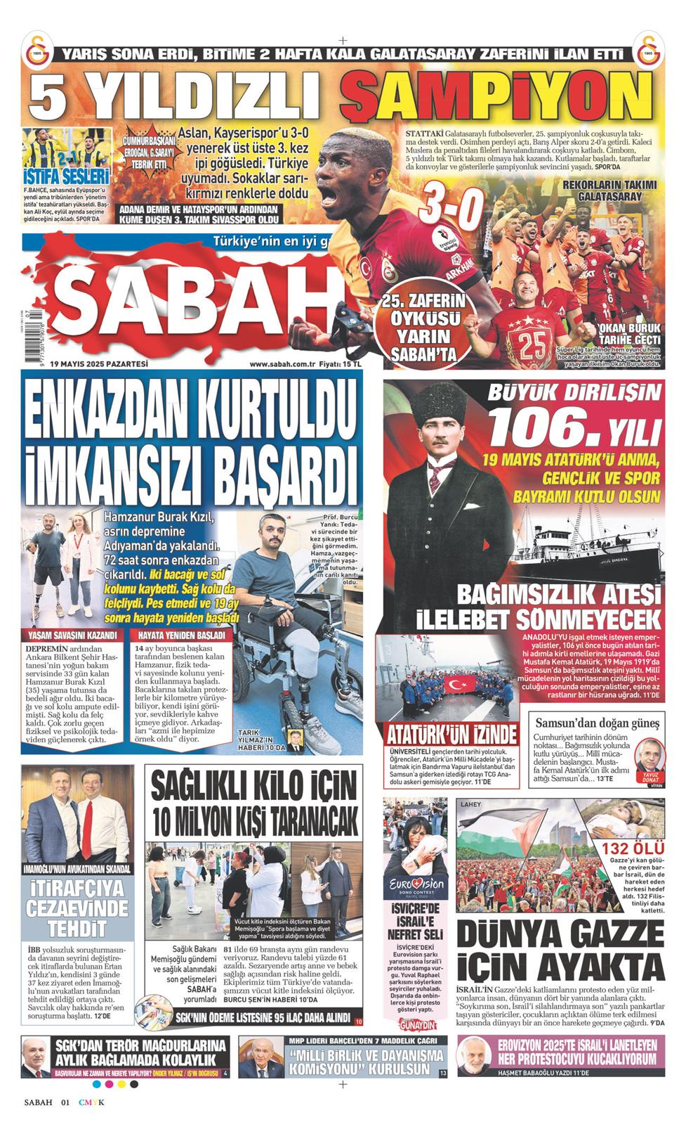 19 Mayıs 2025 Pazartesi - Sabah gazetesi manşet
