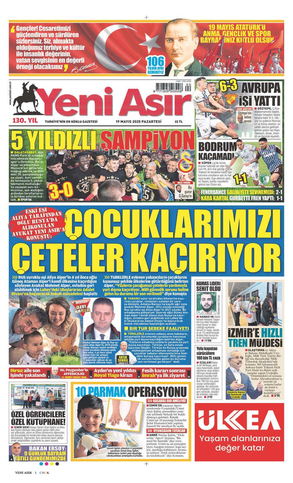 19 Mayıs 2025 Pazartesi - Yeni Asır gazetesi manşet