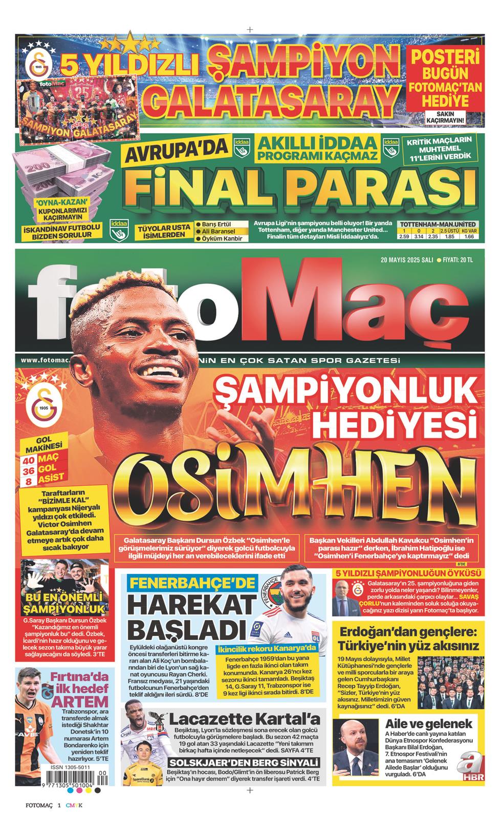 20 Mayıs 2025 Salı - Fotomaç gazetesi manşet