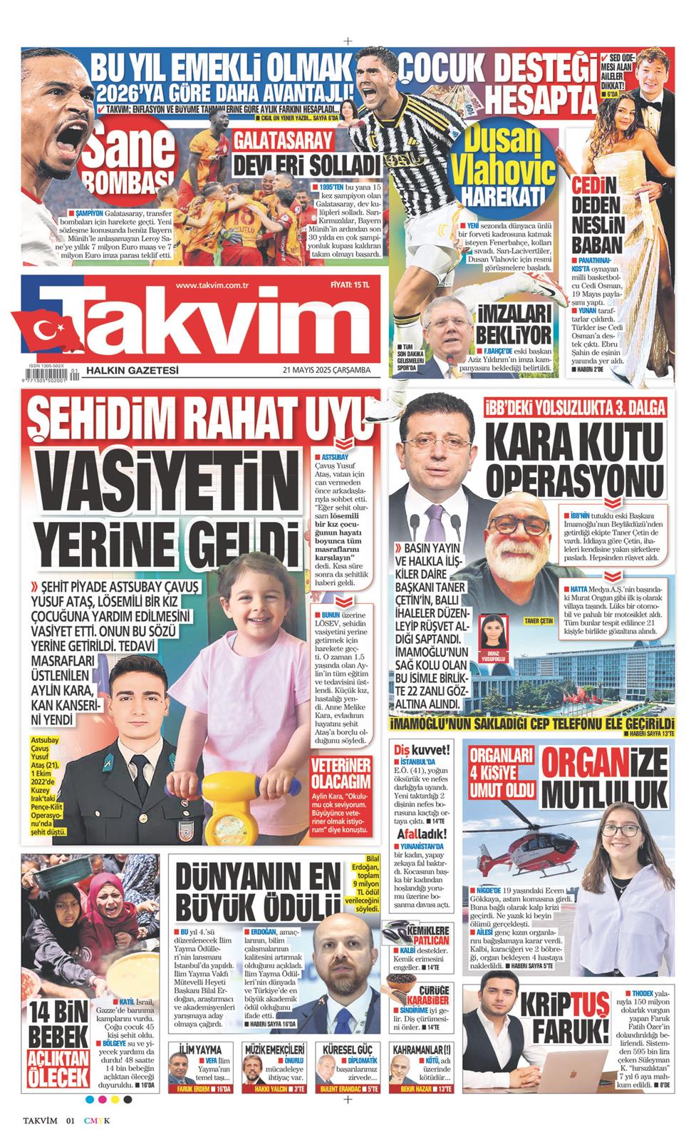 21 Mayıs 2025 Çarşamba - Takvim gazetesi manşet