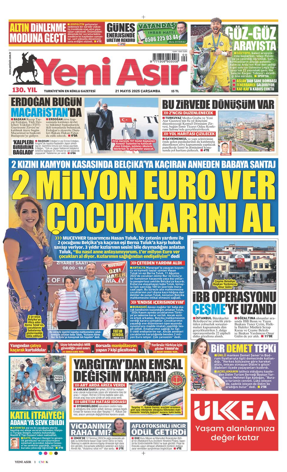 21 Mayıs 2025 Çarşamba - Yeni Asır gazetesi manşet