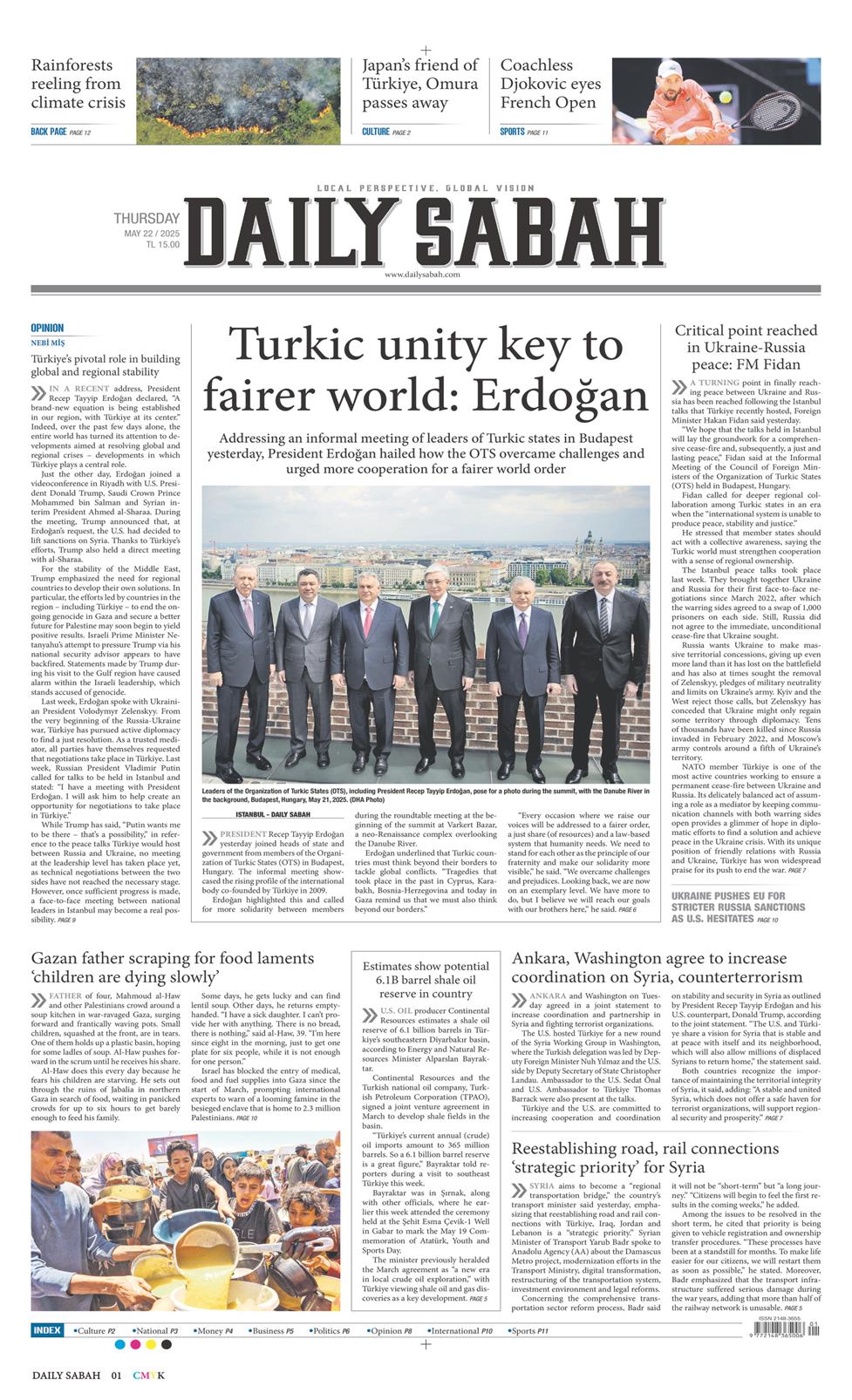22 Mayıs 2025 Perşembe - Daily Sabah gazetesi manşet