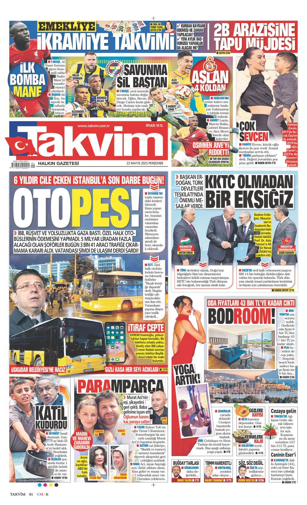 22 Mayıs 2025 Perşembe - Takvim gazetesi manşet
