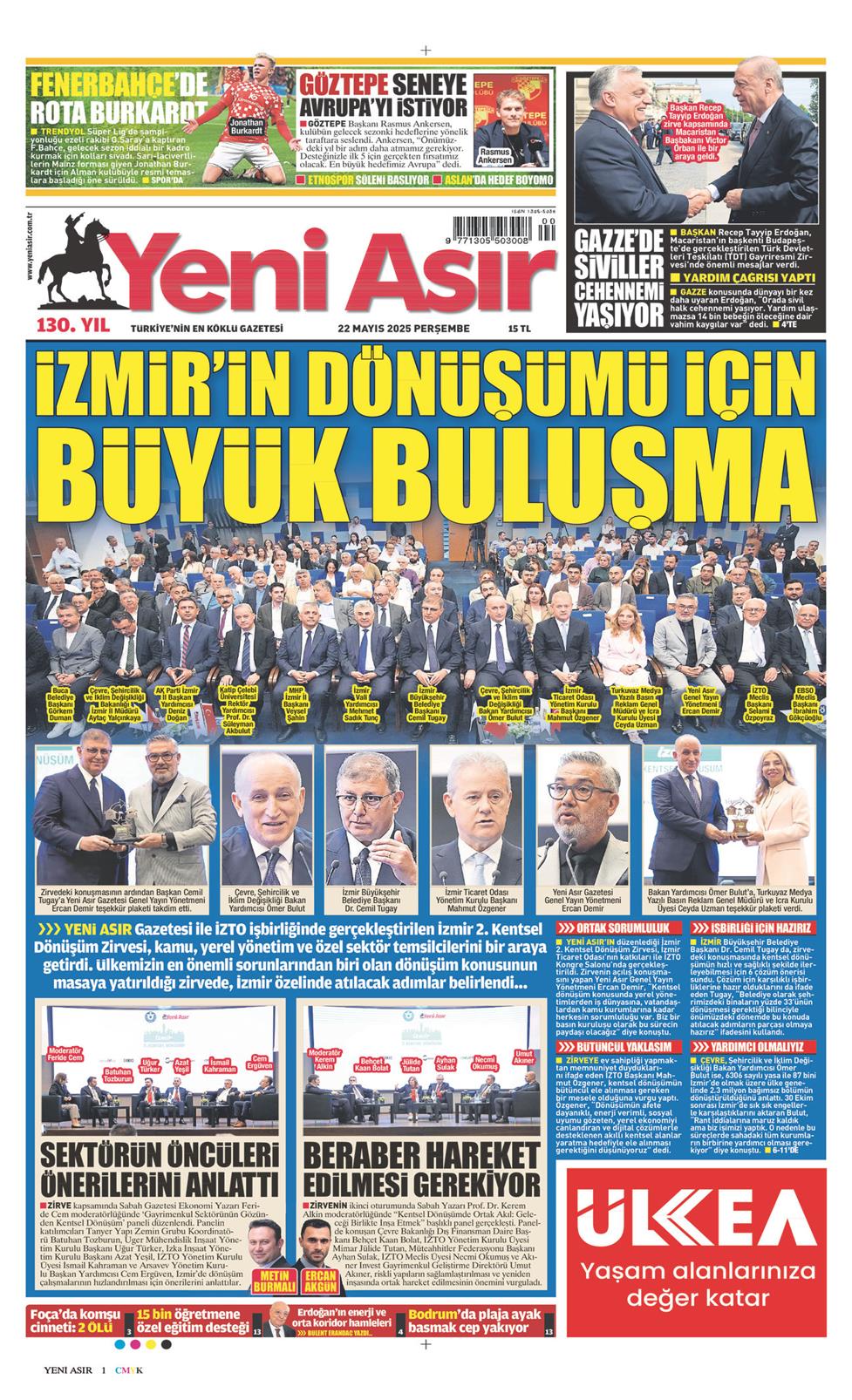 22 Mayıs 2025 Perşembe - Yeni Asır gazetesi manşet