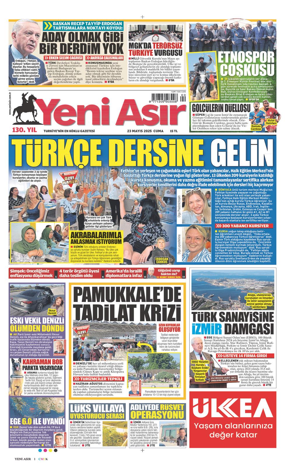 23 Mayıs 2025 Cuma - Yeni Asır gazetesi manşet