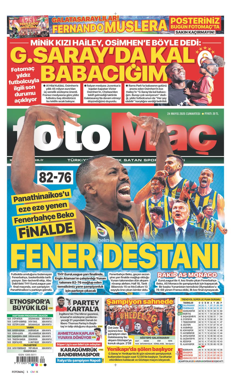 24 Mayıs 2025 Cumartesi - Fotomaç gazetesi manşet