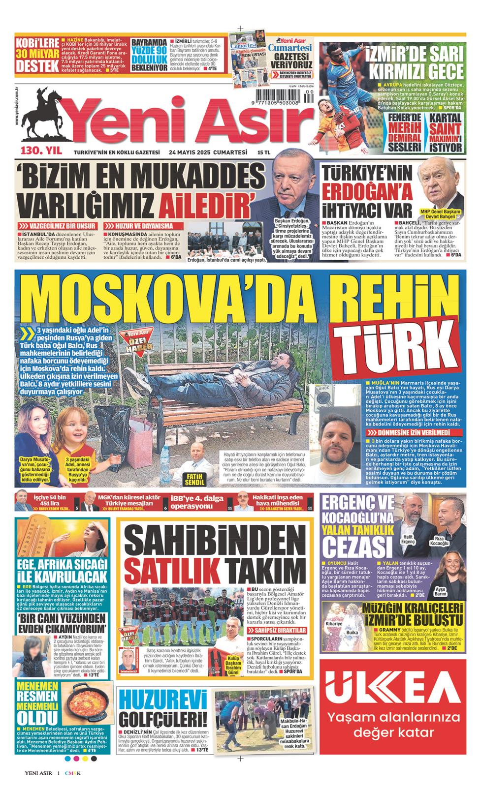 24 Mayıs 2025 Cumartesi - Yeni Asır gazetesi manşet