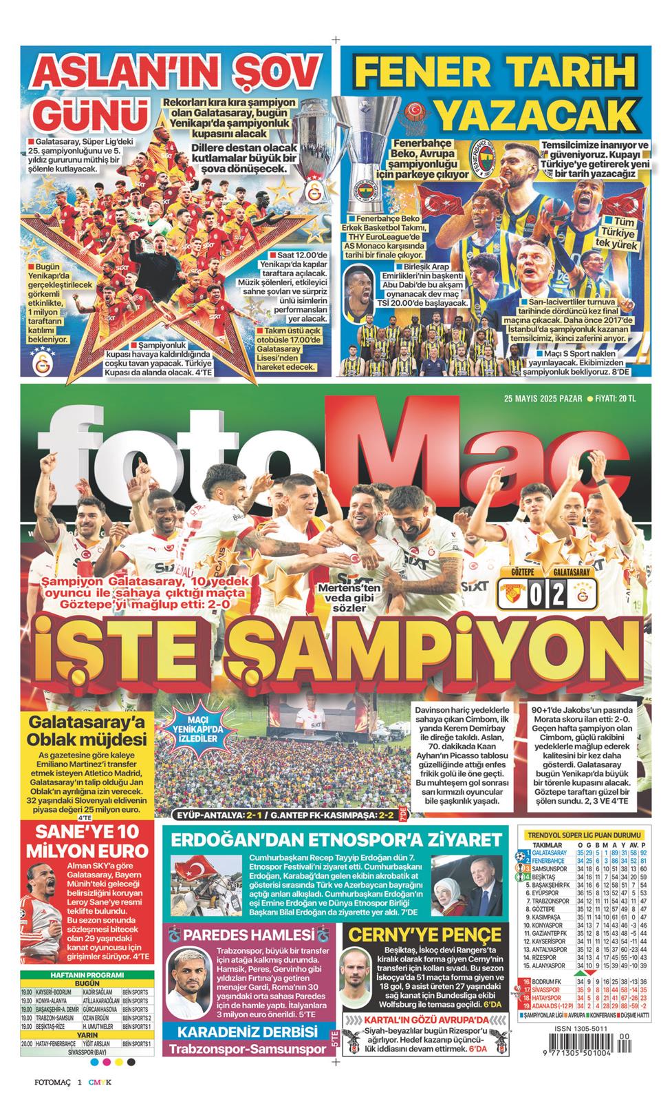25 Mayıs 2025 Pazar - Fotomaç gazetesi manşet