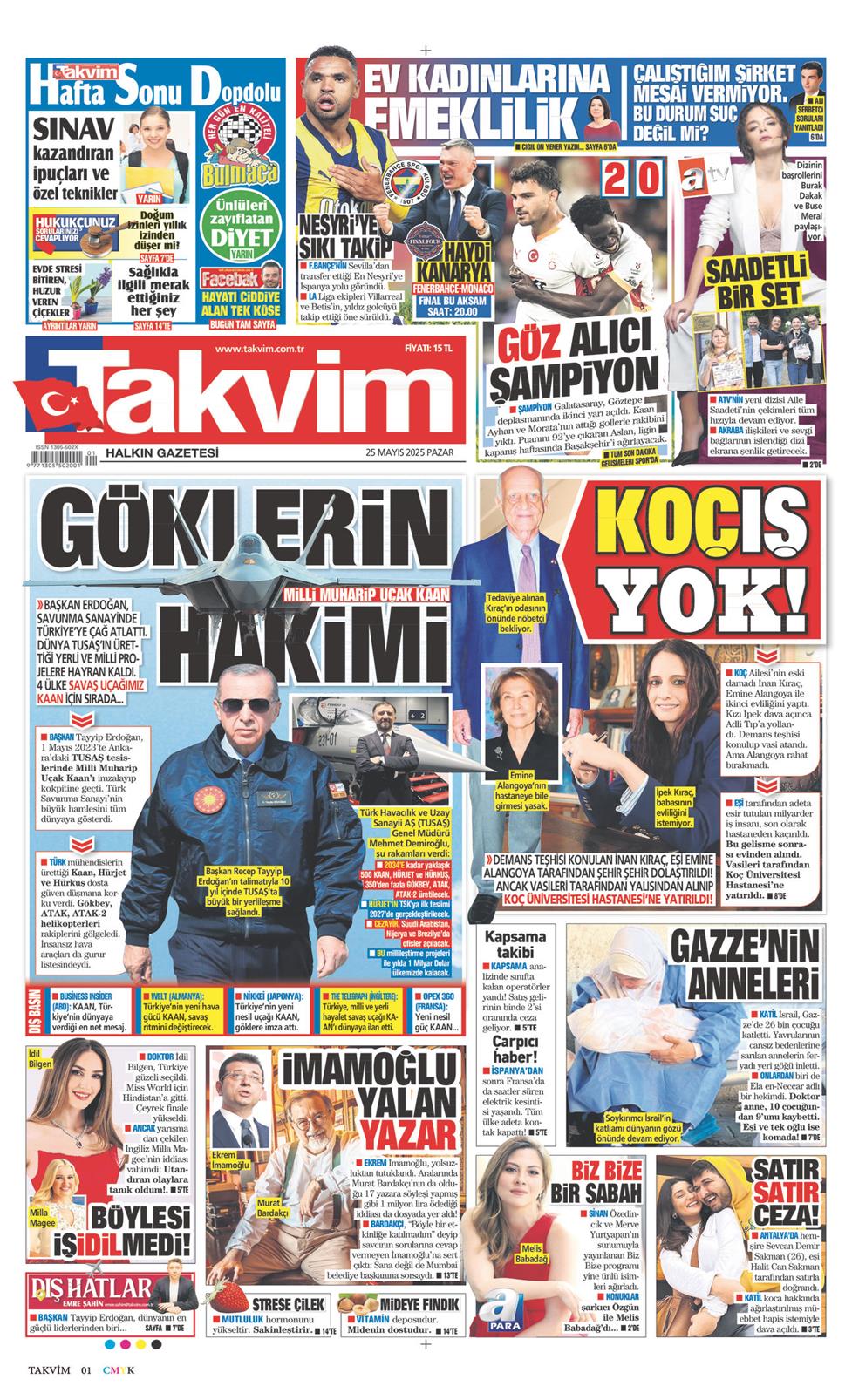 25 Mayıs 2025 Pazar - Takvim gazetesi manşet