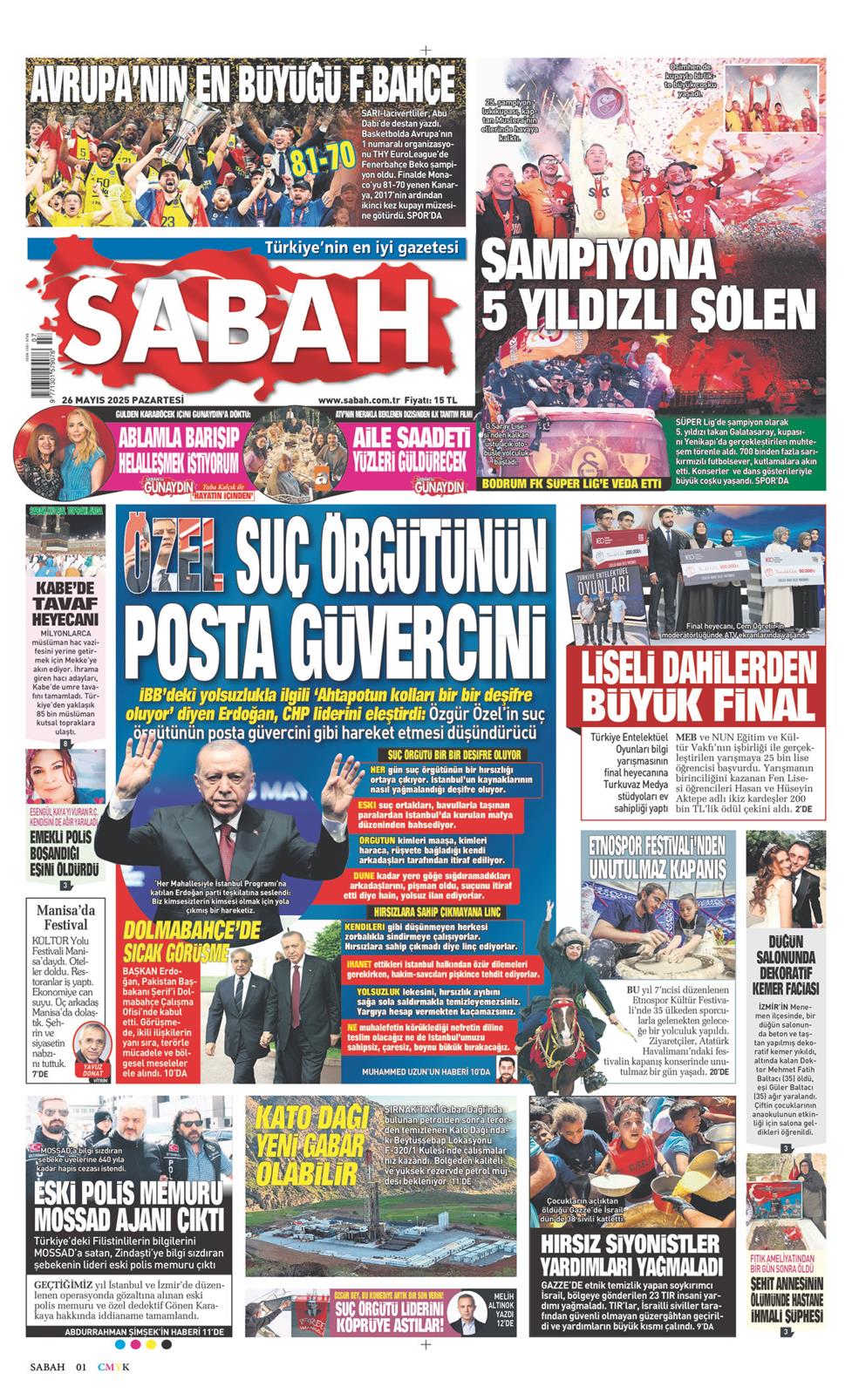 26 Mayıs 2025 Pazartesi - Sabah gazetesi manşet