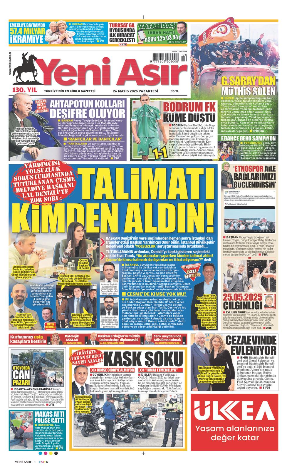 26 Mayıs 2025 Pazartesi - Yeni Asır gazetesi manşet