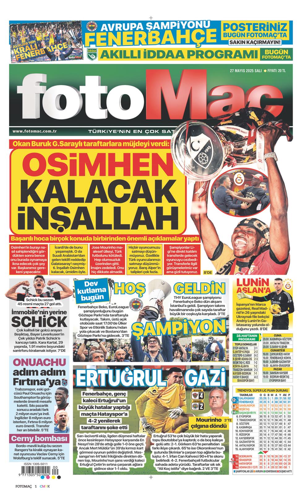 27 Mayıs 2025 Salı - Fotomaç gazetesi manşet