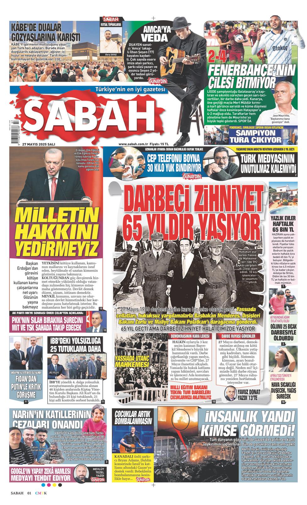 27 Mayıs 2025 Salı - Sabah gazetesi manşet