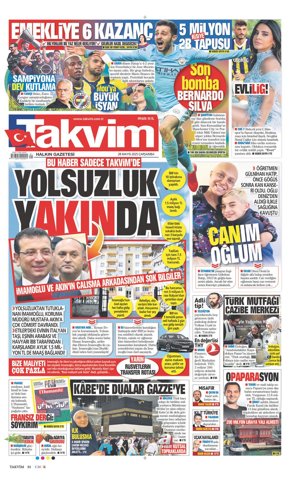 28 Mayıs 2025 Çarşamba - Takvim gazetesi manşet