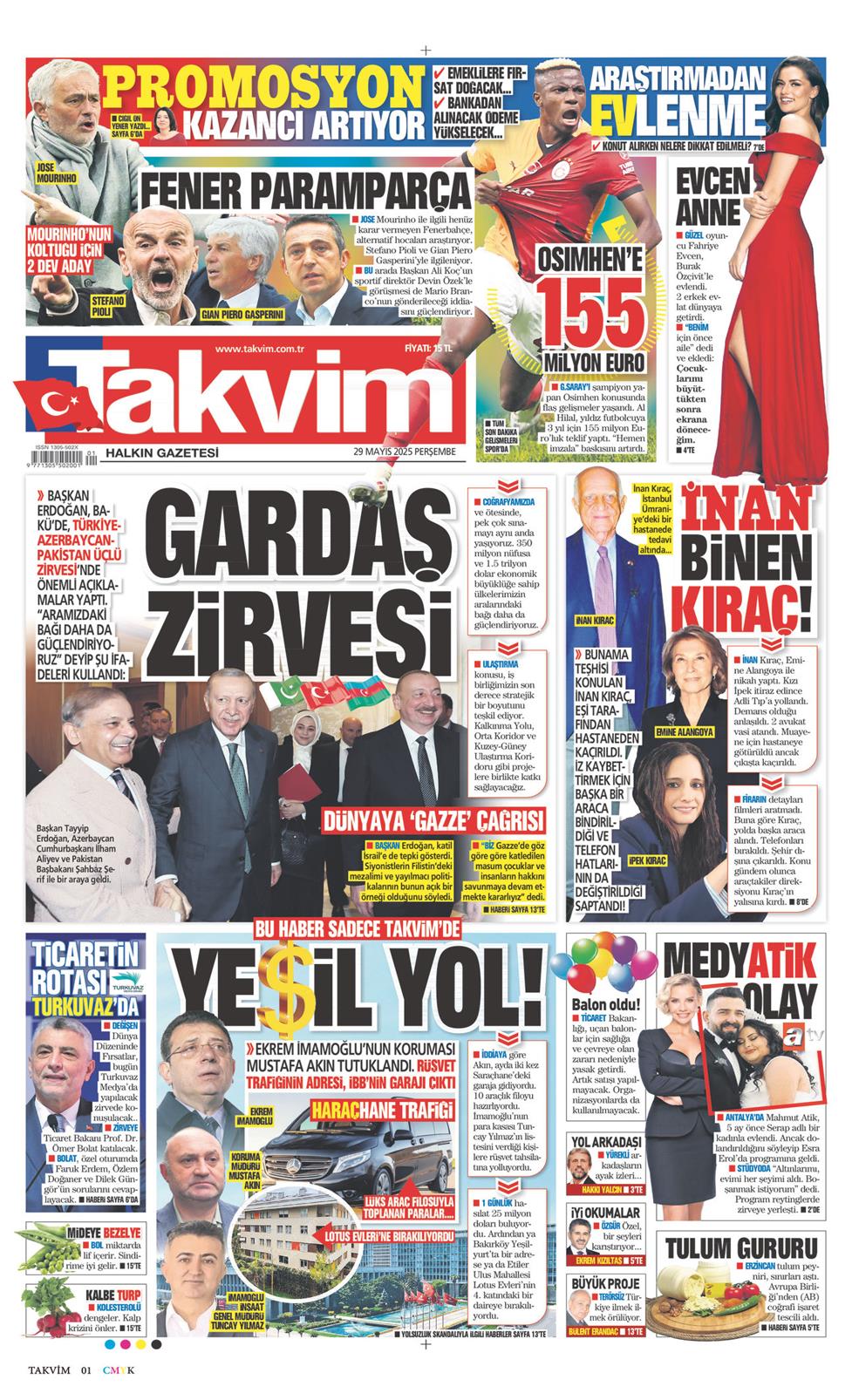 29 Mayıs 2025 Perşembe - Takvim gazetesi manşet