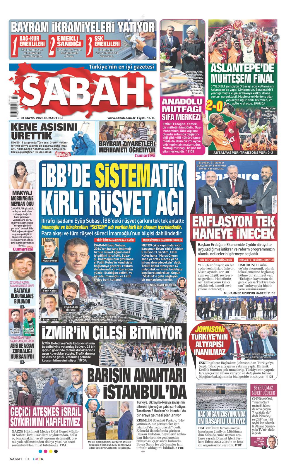 31 Mayıs 2025 Cumartesi - Sabah gazetesi manşet