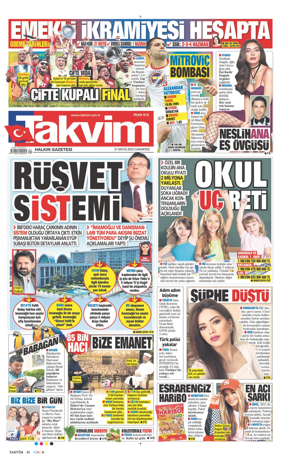 31 Mayıs 2025 Cumartesi - Takvim gazetesi manşet