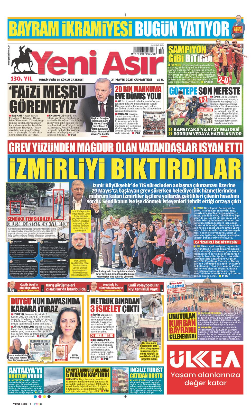31 Mayıs 2025 Cumartesi - Yeni Asır gazetesi manşet