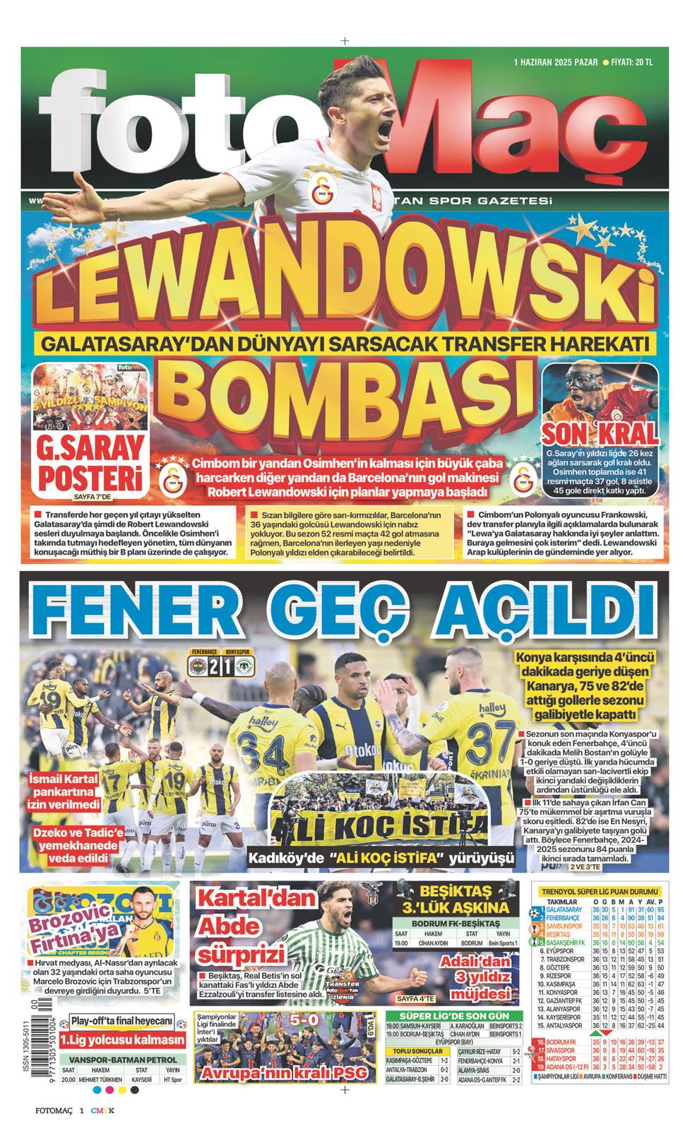 01 Haziran 2025 Pazar - Fotomaç gazetesi manşet