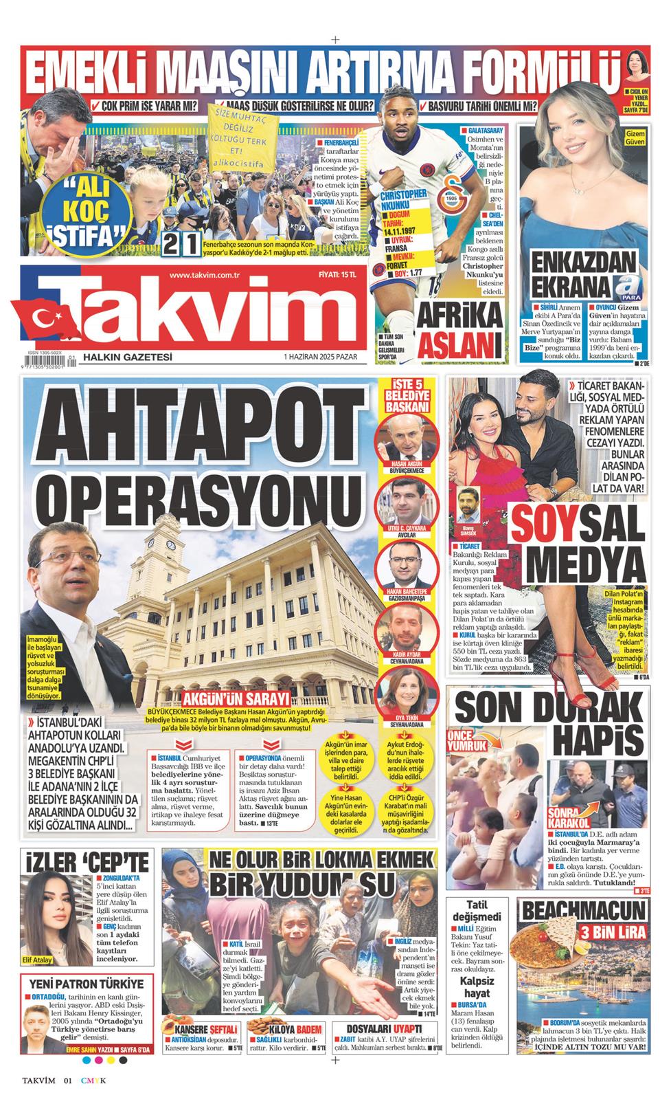 01 Haziran 2025 Pazar - Takvim gazetesi manşet