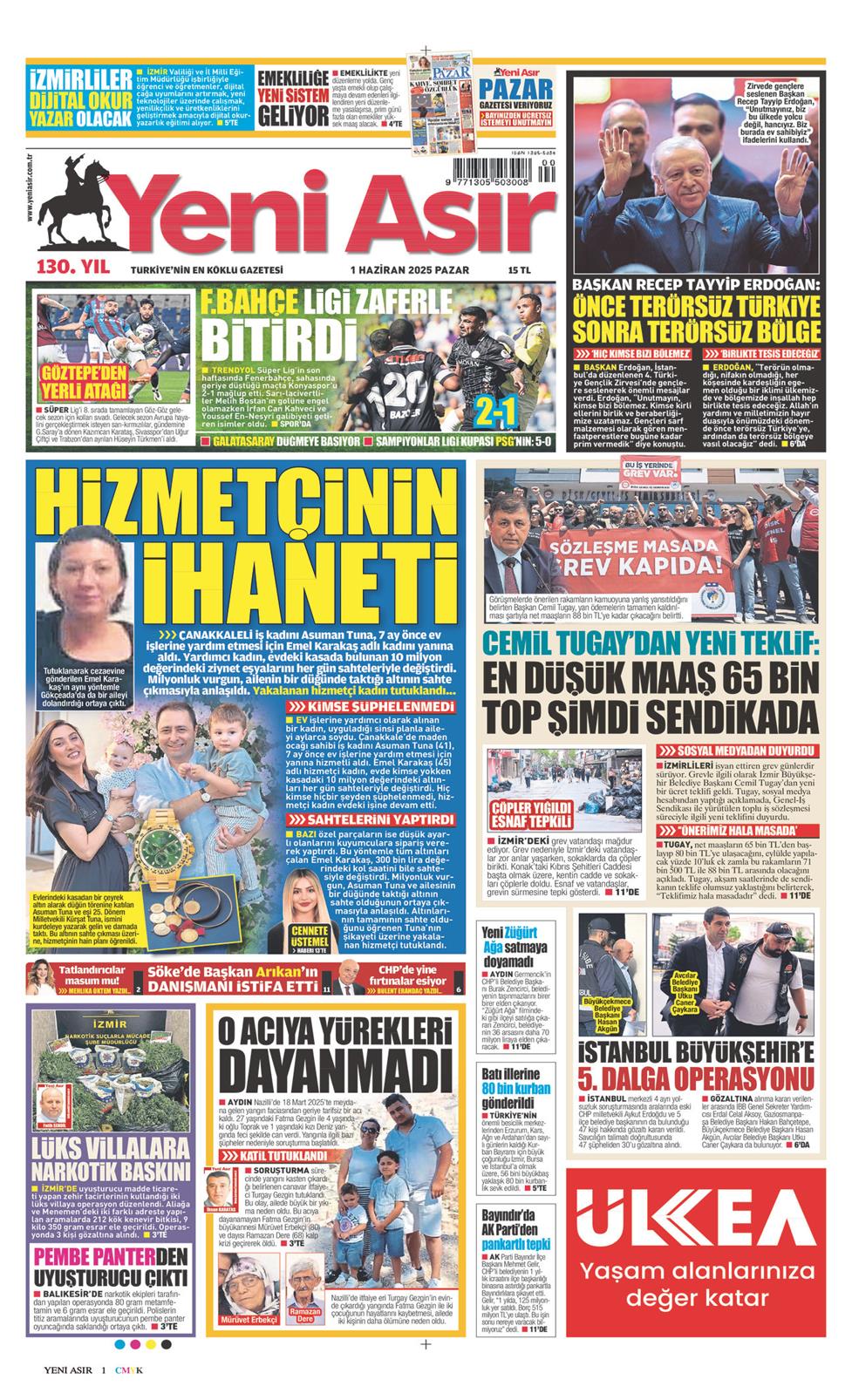 01 Haziran 2025 Pazar - Yeni Asır gazetesi manşet
