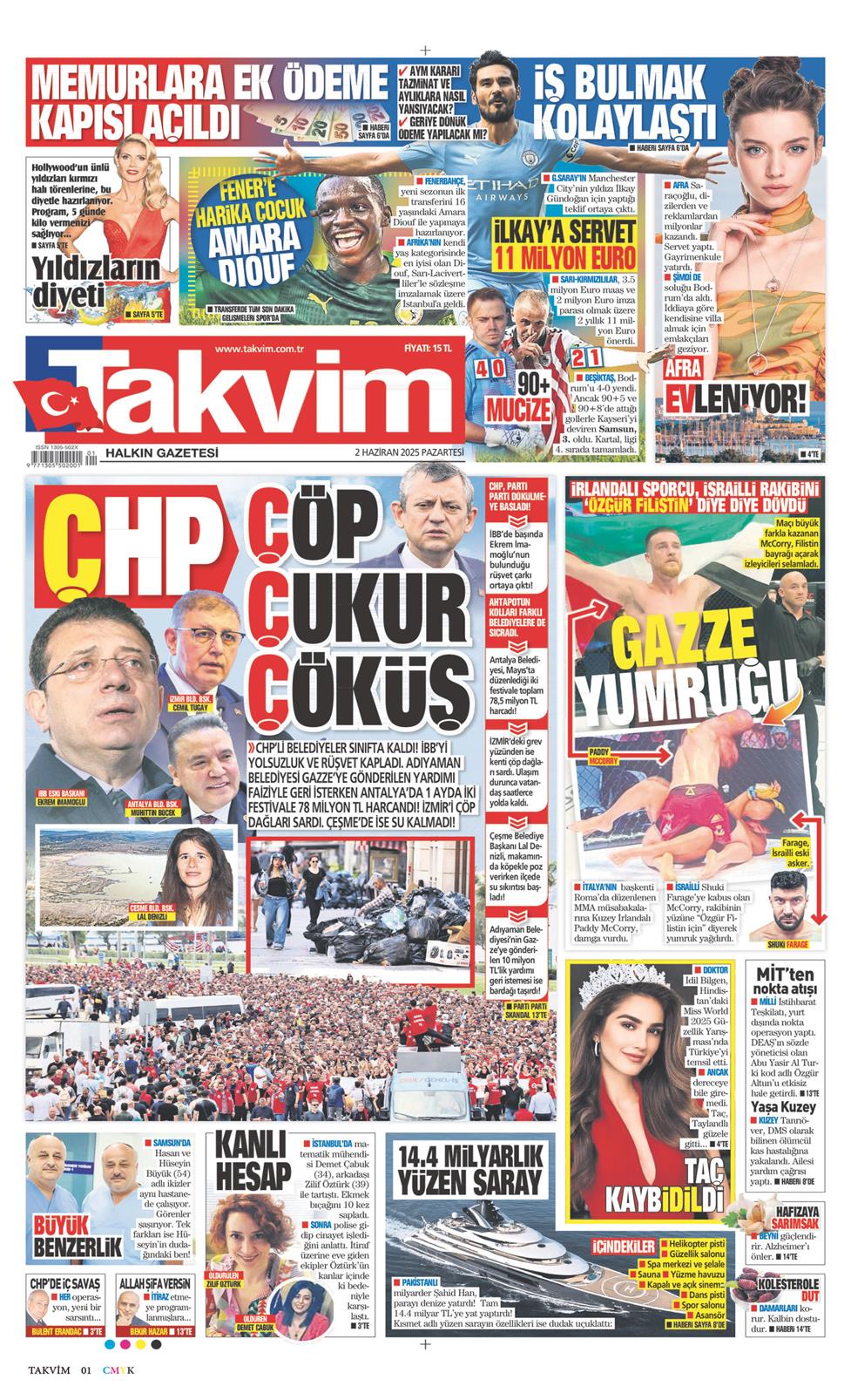02 Haziran 2025 Pazartesi - Takvim gazetesi manşet