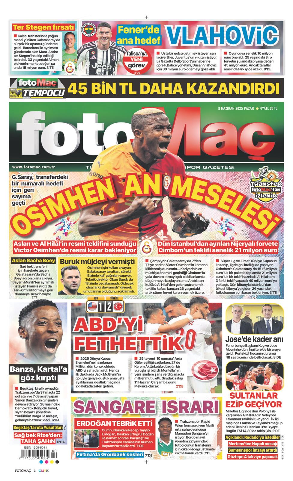 08 Haziran 2025 Pazar - Fotomaç gazetesi manşet