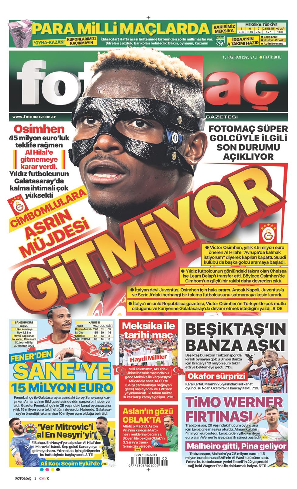 10 Haziran 2025 Salı - Fotomaç gazetesi manşet