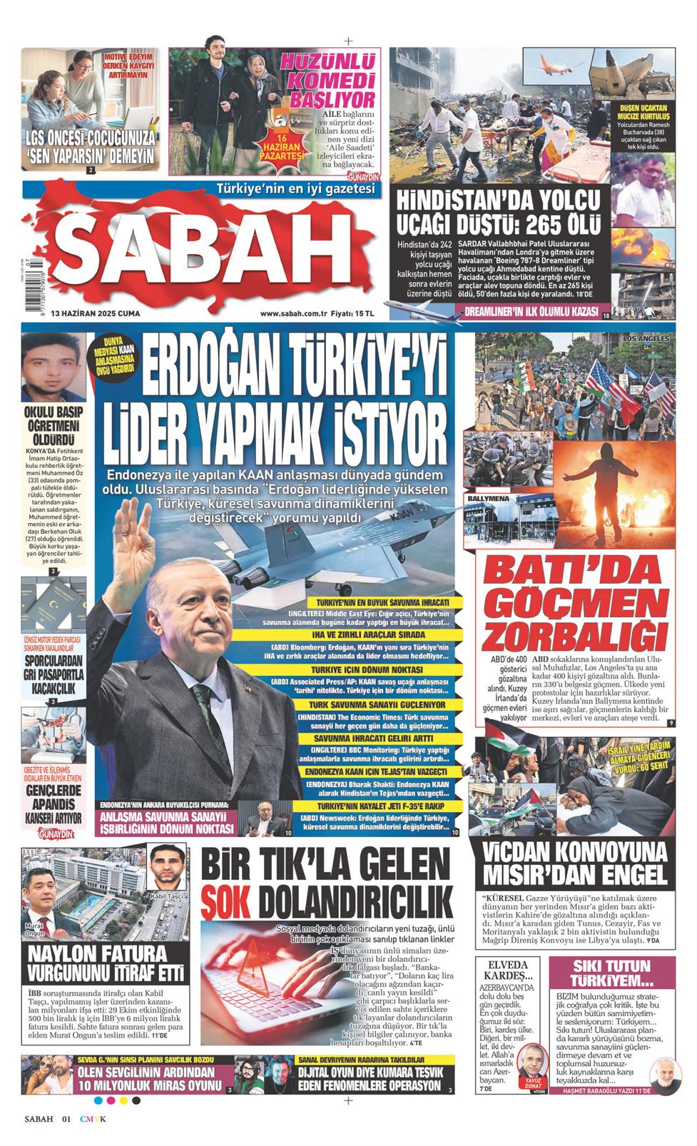 13 Haziran 2025 Cuma - Sabah gazetesi manşet