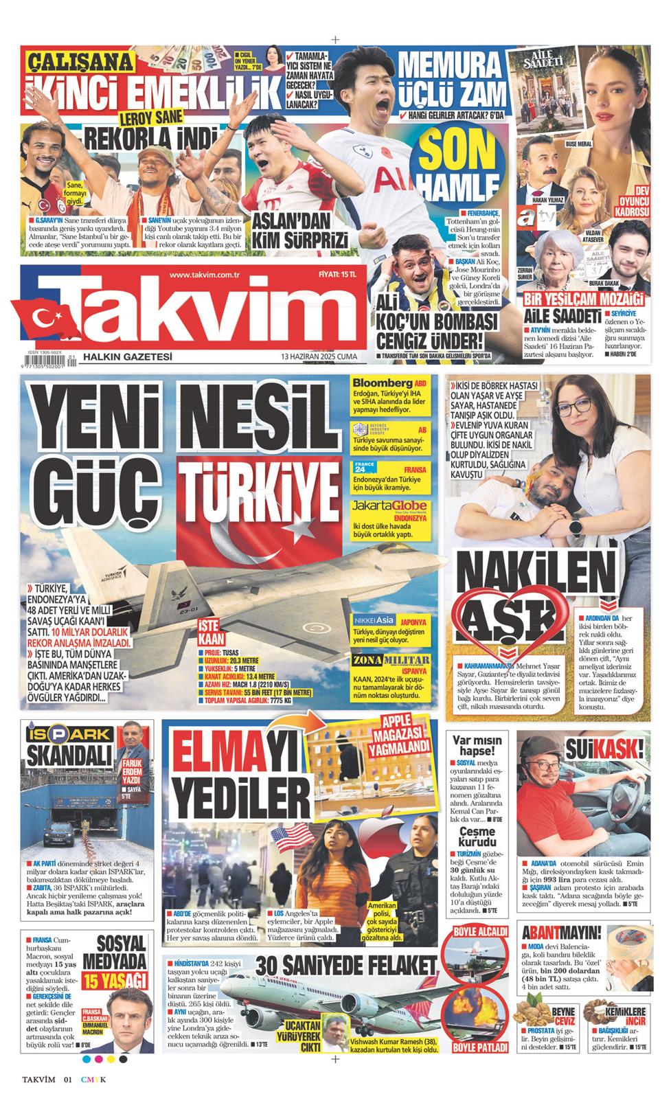 13 Haziran 2025 Cuma - Takvim gazetesi manşet