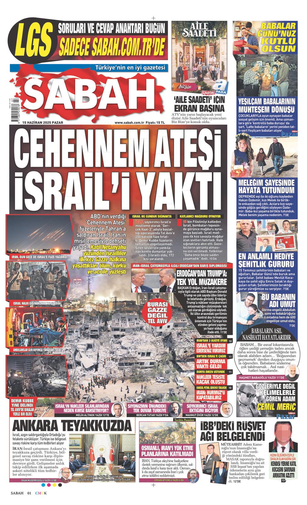 15 Haziran 2025 Pazar - Sabah gazetesi manşet