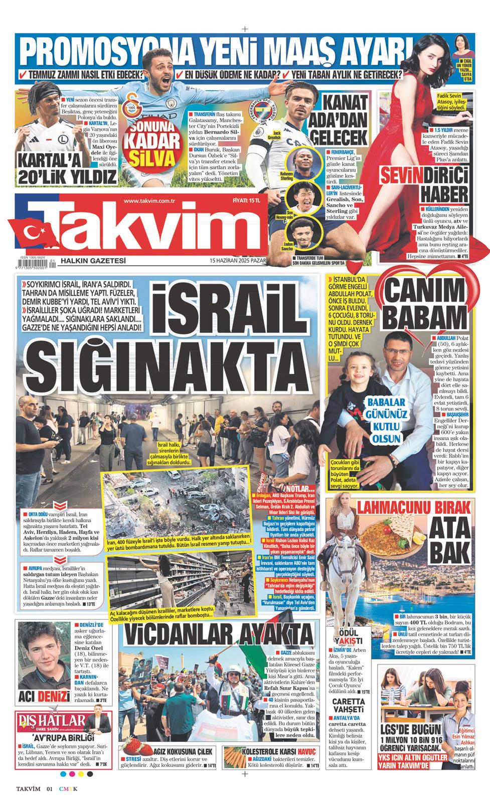 15 Haziran 2025 Pazar - Takvim gazetesi manşet