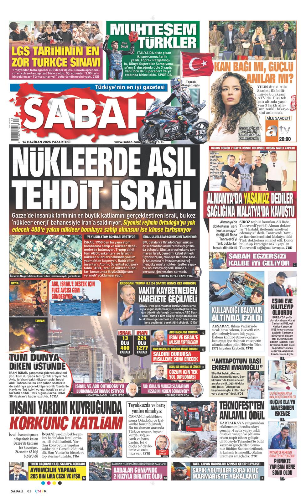 16 Haziran 2025 Pazartesi - Sabah gazetesi manşet