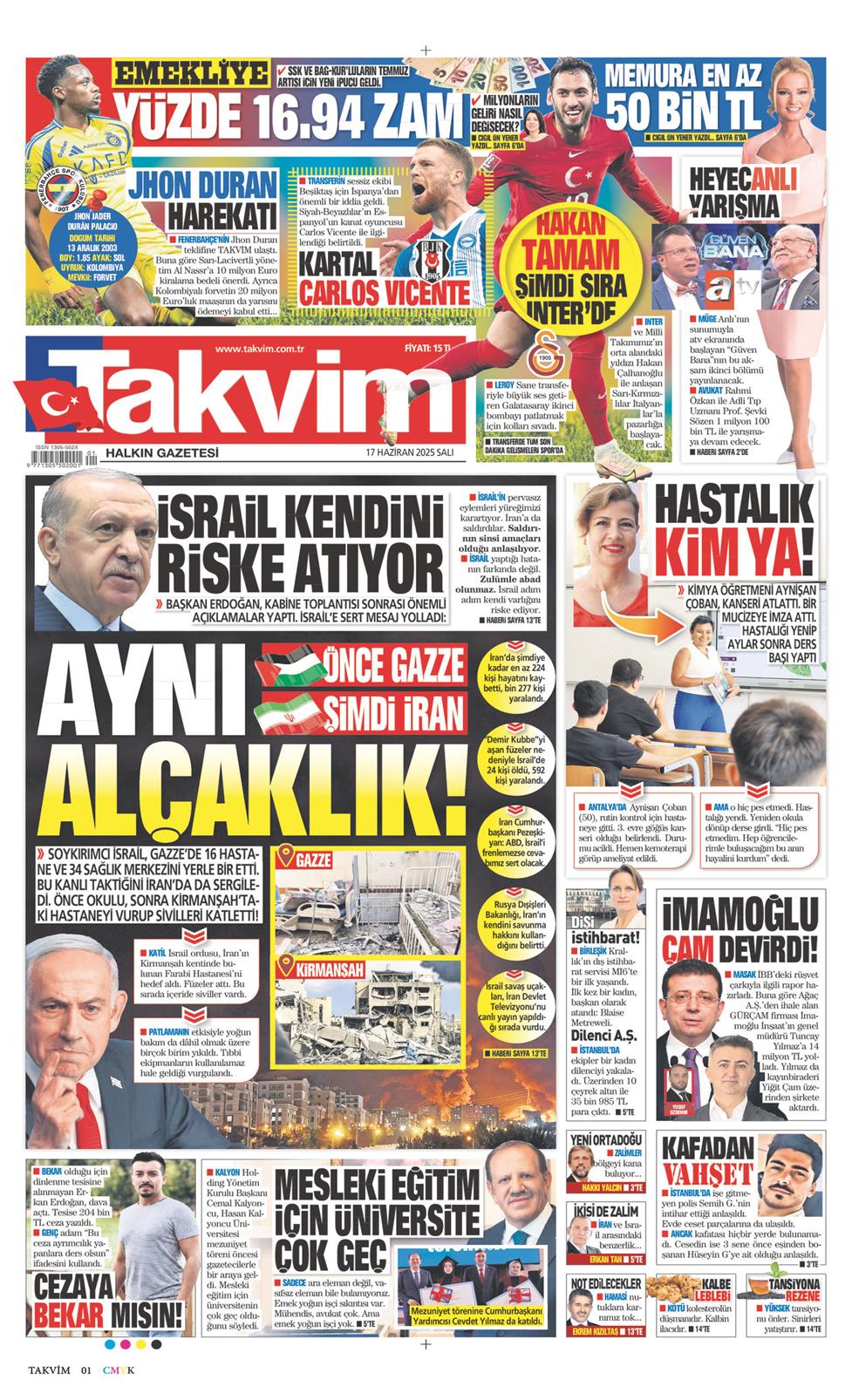 17 Haziran 2025 Salı - Takvim gazetesi manşet