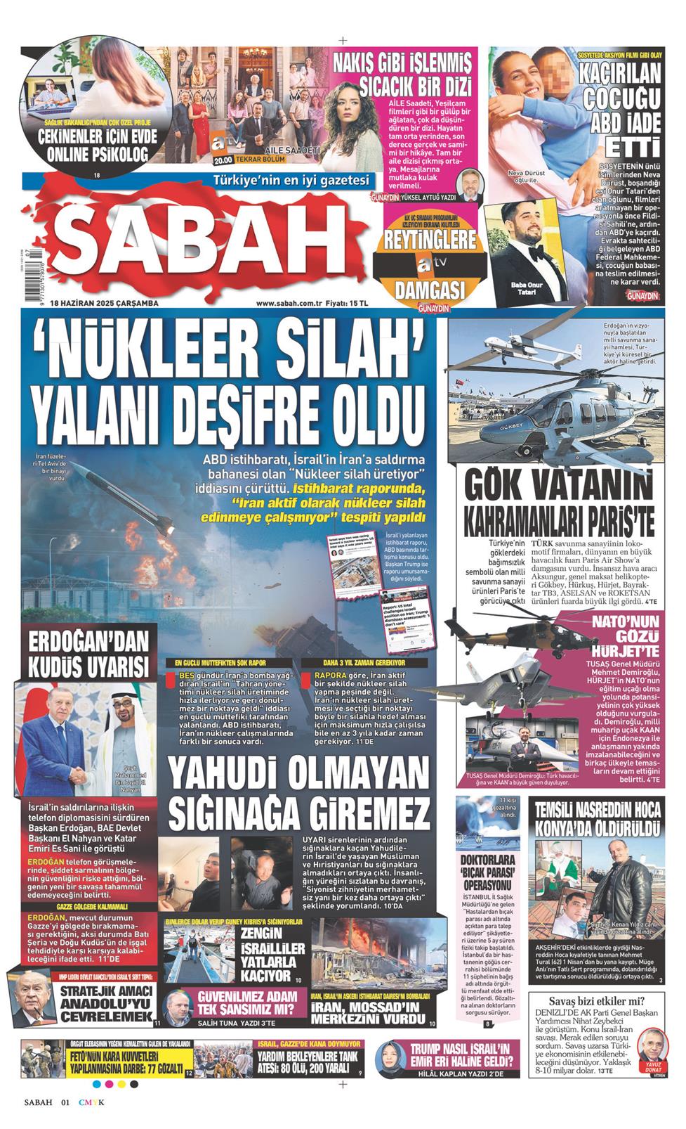 18 Haziran 2025 Çarşamba - Sabah gazetesi manşet