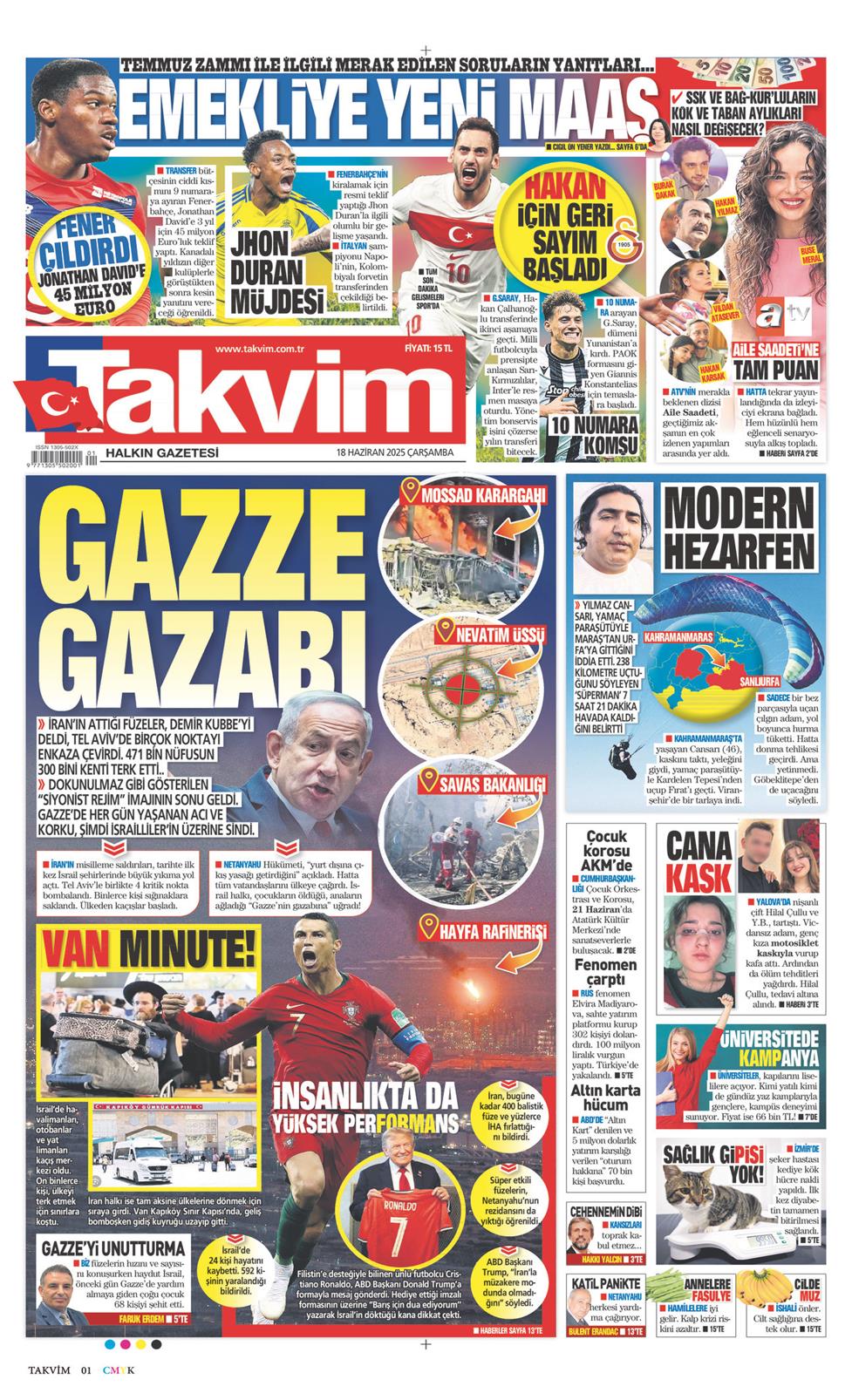 18 Haziran 2025 Çarşamba - Takvim gazetesi manşet