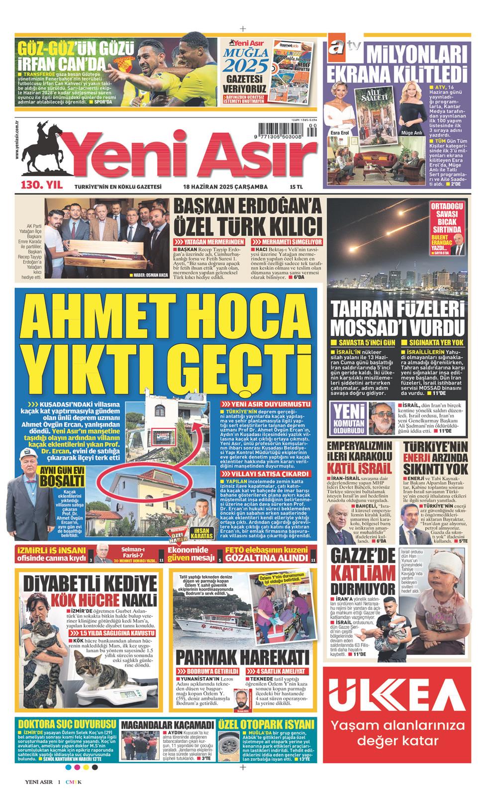 18 Haziran 2025 Çarşamba - Yeni Asır gazetesi manşet