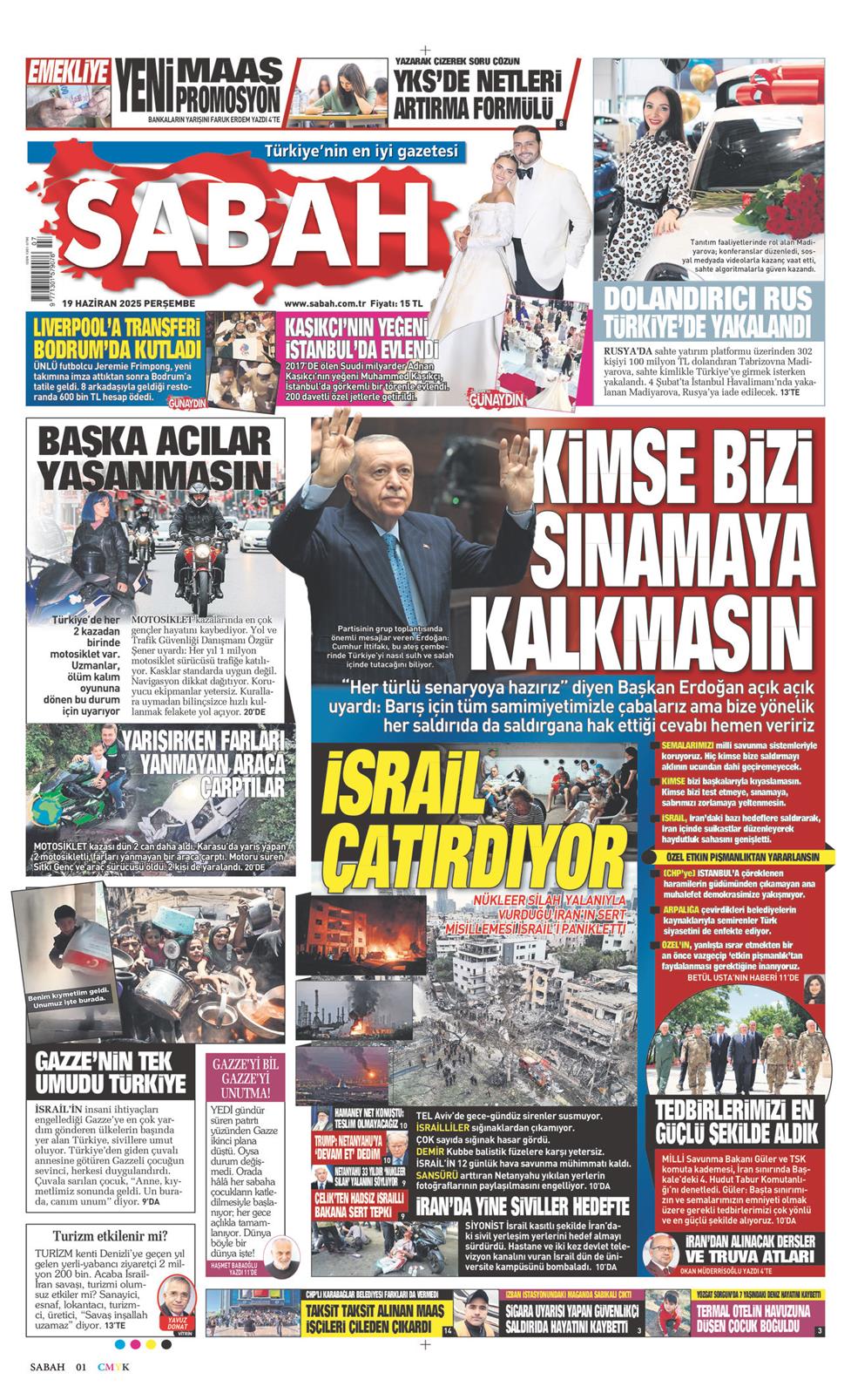 19 Haziran 2025 Perşembe - Sabah gazetesi manşet