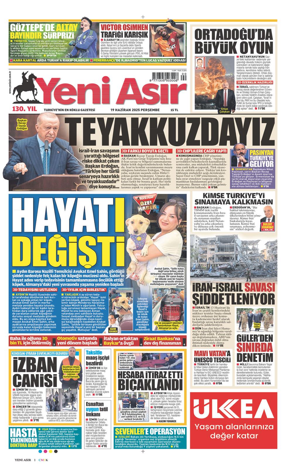 19 Haziran 2025 Perşembe - Yeni Asır gazetesi manşet