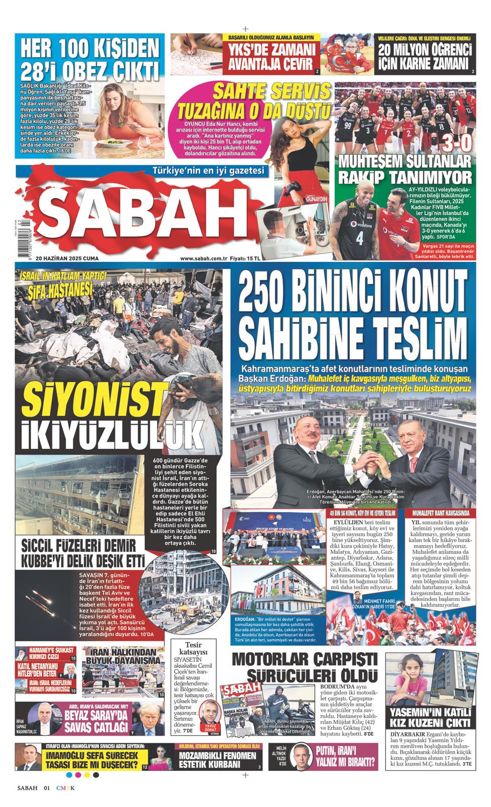 20 Haziran 2025 Cuma - Sabah gazetesi manşet