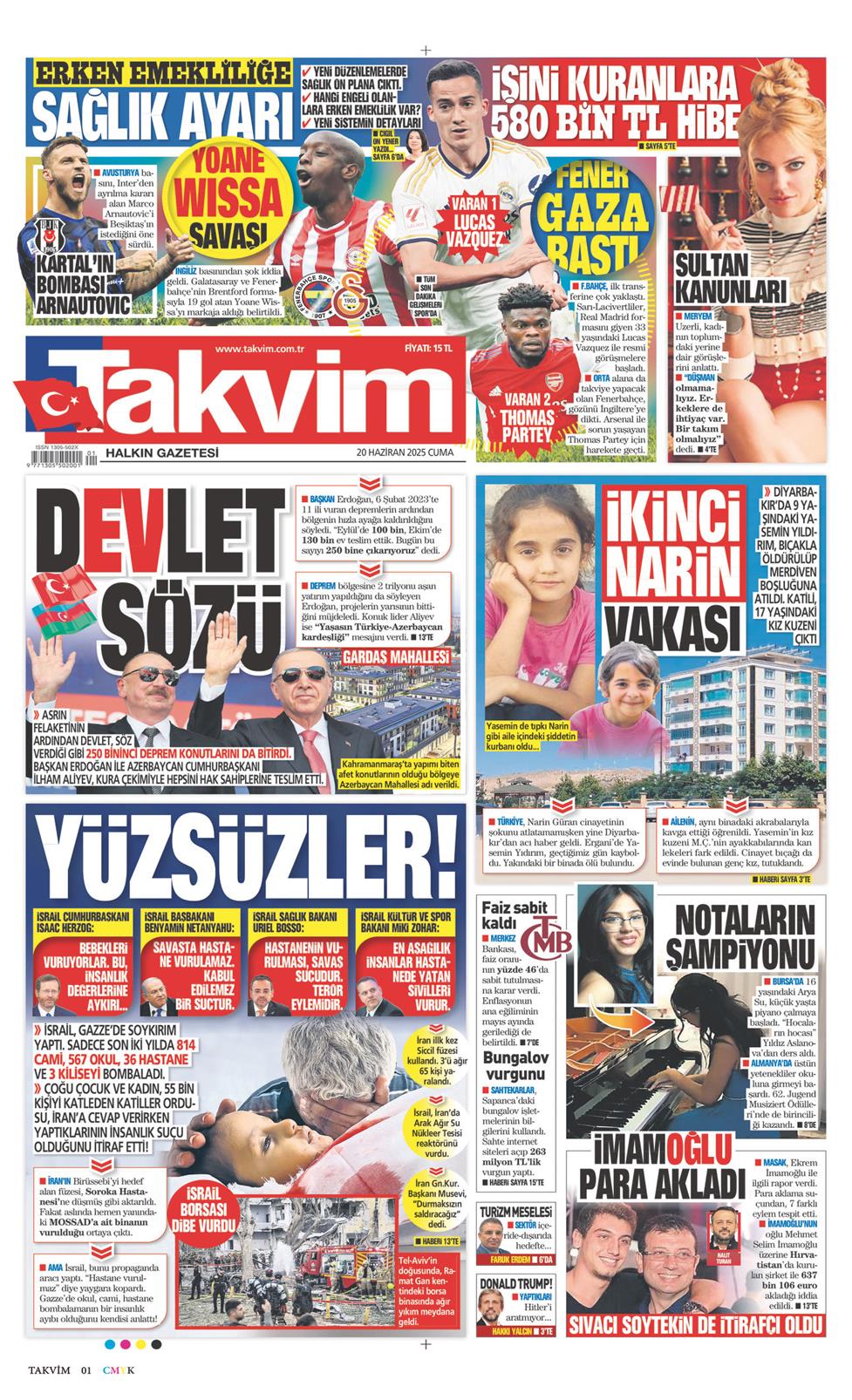 20 Haziran 2025 Cuma - Takvim gazetesi manşet