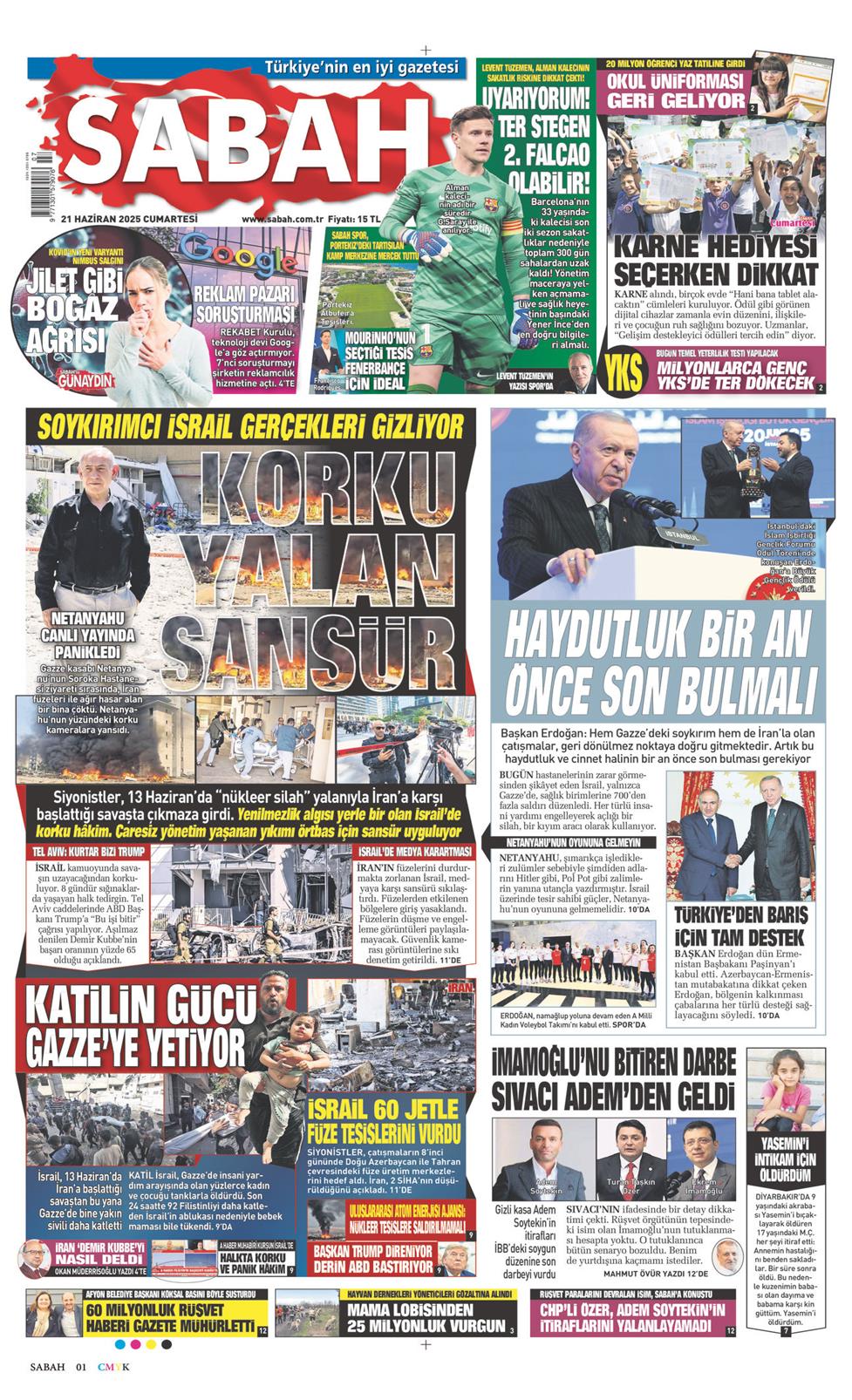 21 Haziran 2025 Cumartesi - Sabah gazetesi manşet