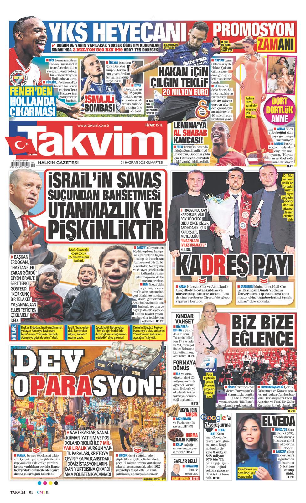 21 Haziran 2025 Cumartesi - Takvim gazetesi manşet